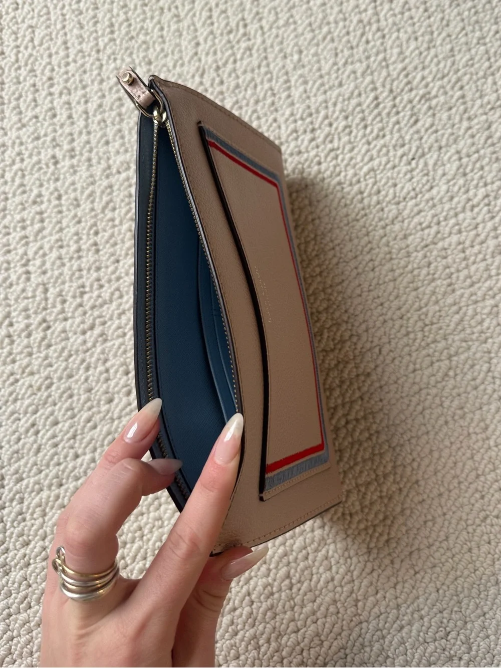 kate spade Blush Pink Leather Wristlet with Blue and Red Trim